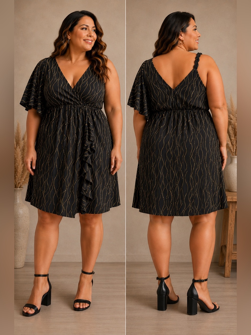 Plus Size Black Gold Wave Asymmetrical Dolman Ruffle Dress 3X